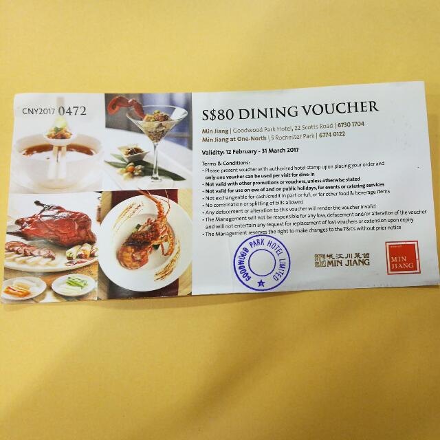 Min Jiang Goodwood Park Or One North Food Voucher Entertainment Gift Cards Vouchers On Carousell