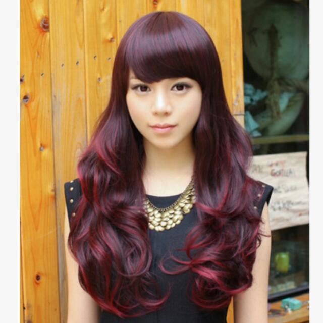 Po Korean Maroon Ombre Dark Red Curly Wavy Wig With Bangs
