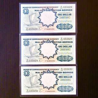 1953 MALAYA & BRITISH BORNEO $1 TDLT  3 RUNNING AU-UNC