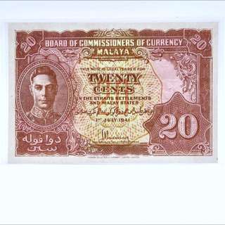 1941 MALAYA 20 CENTS TYPE A GOOD EF