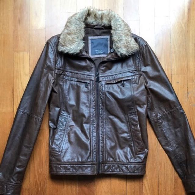 zara men's leather jacket with fur collar