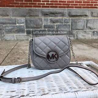 MICHAEL KORS FULTON QUILTED SMALL FLAP CROSSBODY IN PEARL GREY