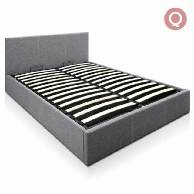 Deluxe Gas Lift Linen Fabric Storage Bed Frame Queen Grey