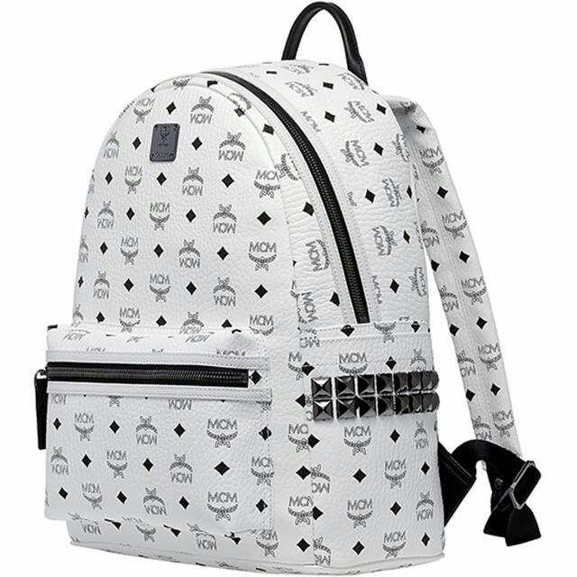 white and black mcm backpack