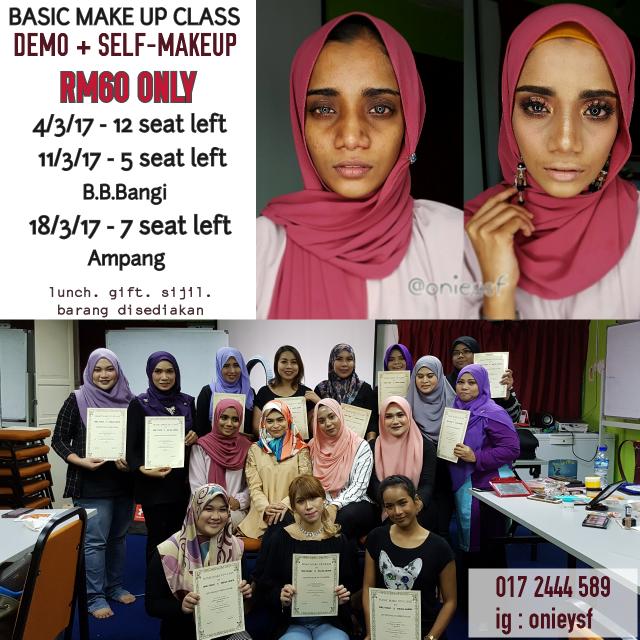 Basic Make Up Class (Category: Makeup) located in Kuala Lumpur. Submitted by onieyusof (Listing ID 91644609, Image 2). Description: Assalammualaikum BASIC MAKE UP CLASS DEMO DAN PRAKTIKAL BELAJAR 2 LOOKS. 2 CIKGU. SEAT LIMITED. Time : 11am - 5pm Location : Bandar Baru Bangi dan Ampang *barang disediakan *makan tengahari disediakan *small gift -kita akan belajar base / cara apply foundation dengan betul -shading, sclupting dan highlighting teknik 