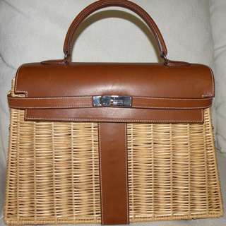 Hermes Fauve Brown Picnic Kelly Mini 20 Bag Handbag Wicker