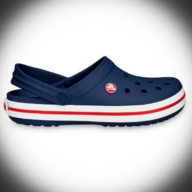 Navy blue and red crocs shop