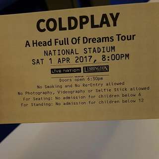 Coldplay tickets concert Saturday 1 April