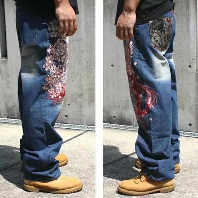 Mens Embroidery Jeans Straight Fit Trousers Denim Japanese Pattern Totem Phoenix