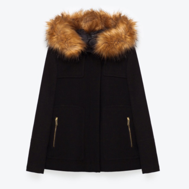 zara black coat with fur hood