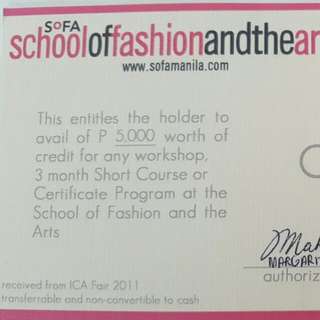 SOFA (School Of Fashion And The Arts) 5k Worth Gift Certificate