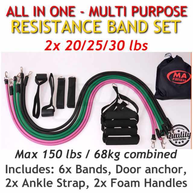 Sports Resistance Band Set 150 Pounds 68kg Combined 5 weight bands 6 accessories Sports Equipment Exercise Fitness Toning Stretching Accessories on Carousell