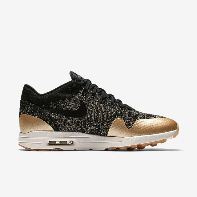 Nike Air Max 1 Ultra 2.0 Flyknit Metallic Women Black Metallic Gold Star Flat Opal Black