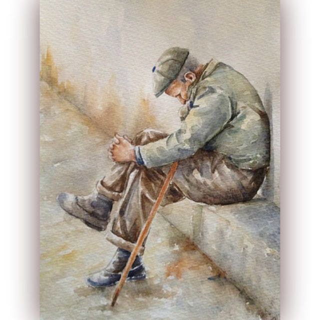 Original Watercolor Painting Old People In Art Figurative