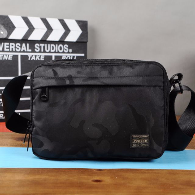 Black Shadow Camo HEAD PORTER Yoshida Shoulder Sling Bag 2 Main Compartments 2 Front Back Pockets