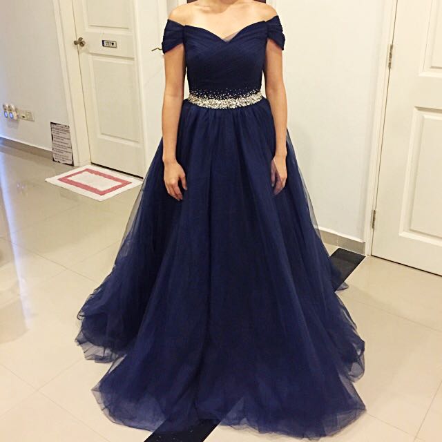 navy blue off the shoulder evening gown
