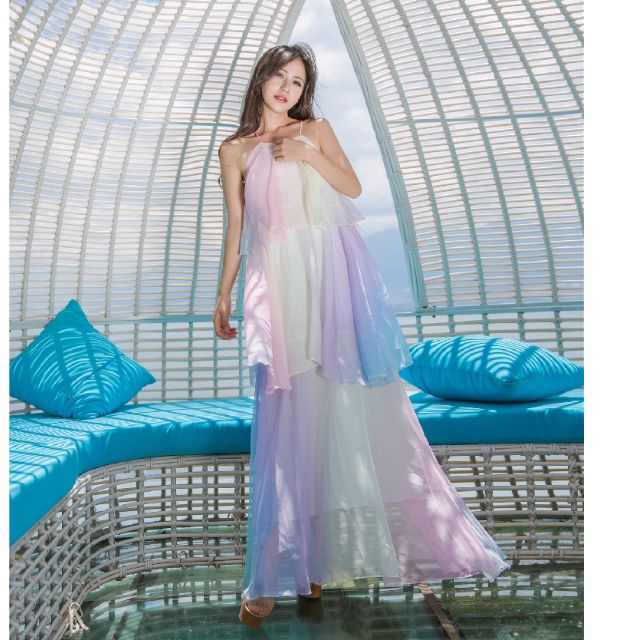 Pre Order Sleeveless Chiffon Ombre Rainbow Maxi Party Dinner Dress