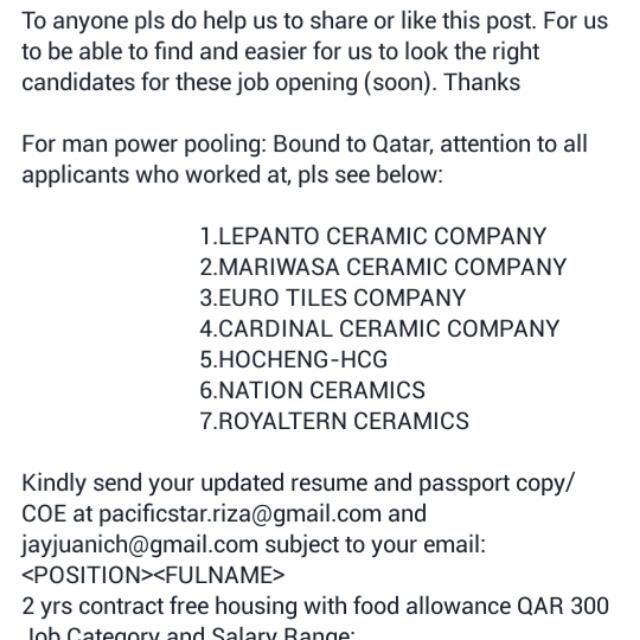 CERAMIC COMPANY - Job Opening - Manpower Pooling (Category: Everything Else Others) located in Tanza. Submitted by riza8 (Listing ID 94964912, Image 1). Description: .