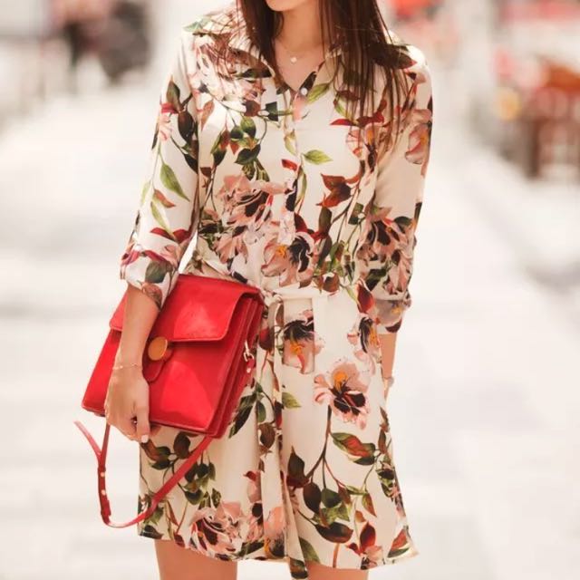 zara floral print shirt dress