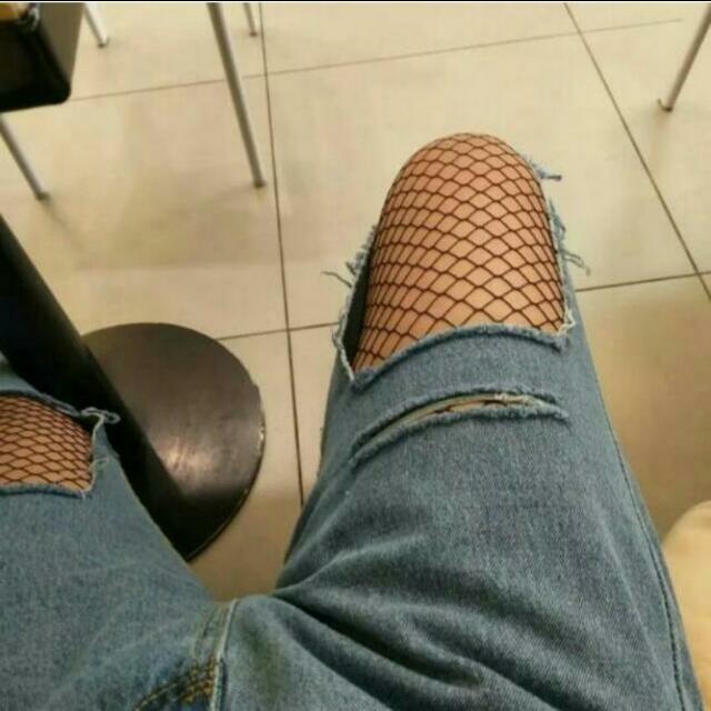 Ripped Jeans Fishnet Tights Women s Fashion Bottoms Jeans
