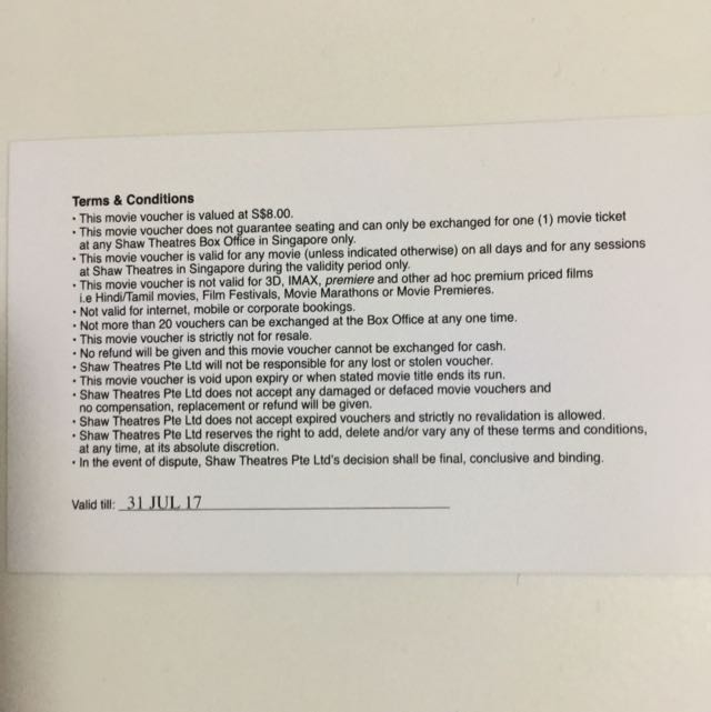 Shaw Theaters Movie Voucher, Tickets & Vouchers, Vouchers on Carousell