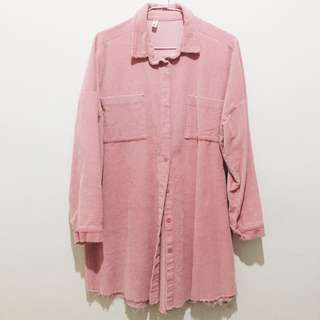 粉色 燈芯絨長版襯衫（近全新）