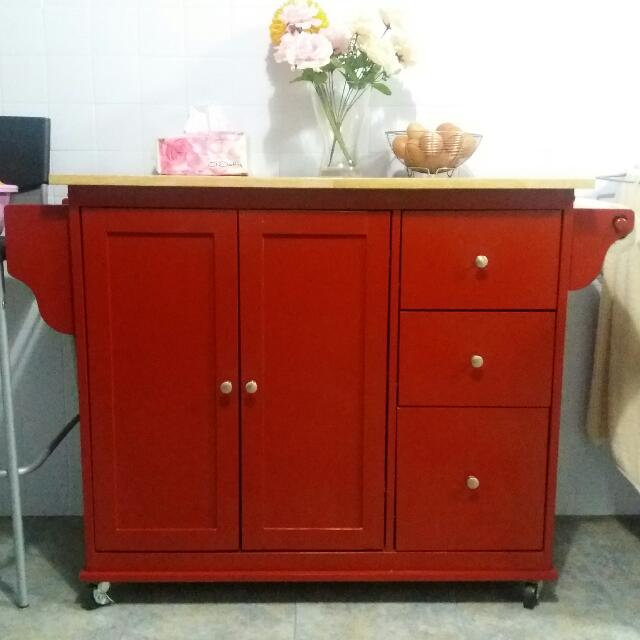 Red Expandable Kitchen Island Furniture Shelves Drawers On