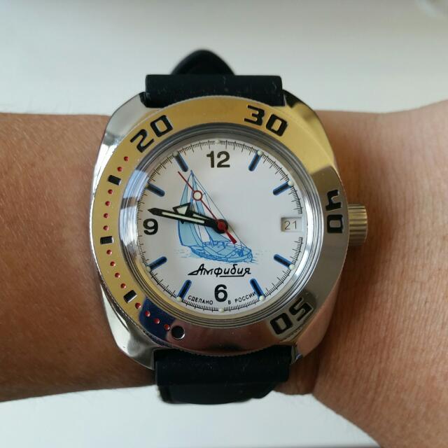 Vostok Amphibia White Sailboat 710 Ministry Case Diver Watch, Mobile