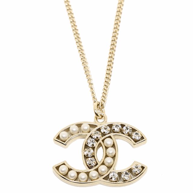 CHANEL PEARL CRYSTAL CLASSIC CC Logo NECKLACE PENDANT GOLD SMALL, Women ...
