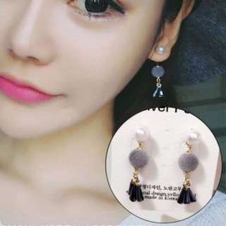 0277F4rSouth Korean Pompom Pearl Earrings Grey Gold