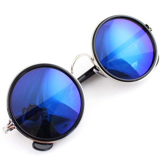 Round blue reflective sunglasses clearance