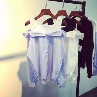 Muses春季新品❤假兩件直紋露肩襯衫上衣(三色)