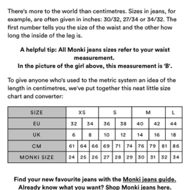 monki jeans size guide