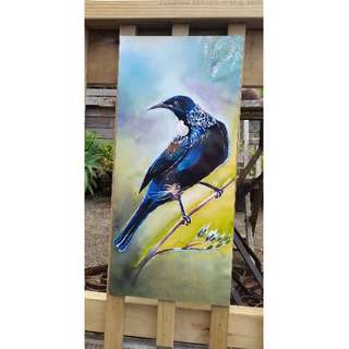 New Zealand TUI Bird, OUTDOOR Wall ART Panel from my original silk painting, Outside art, Garden Art, New Zealand native Tui bird, LARGE SIZE, 68cm x 30cm,