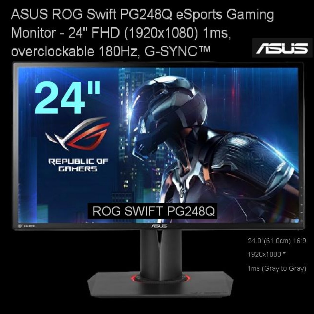 Asus 24 Rog Swift Pg248q Esports Gaming Monitor Fhd 1920x1080 1ms Overclockable 180hz G Sync Electronics Computer Parts Accessories On Carousell