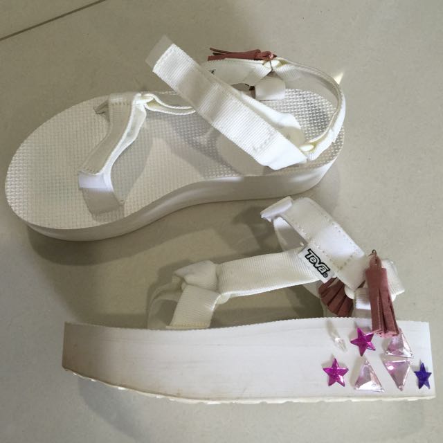 white teva platforms