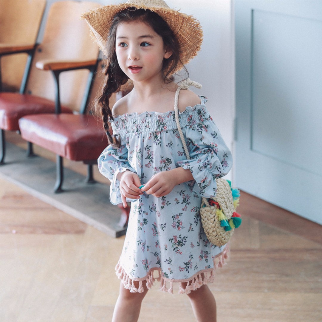 Instock Korean Designer Pastel Blue Flora Dress With Tassle For