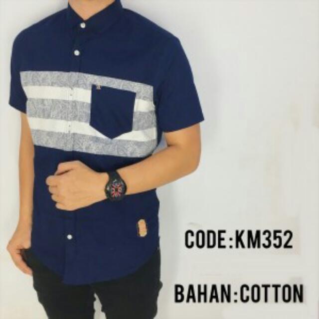 Kemeja Casual Pria Lengan Pendek Biru Combi Motif Garis Abu Putih