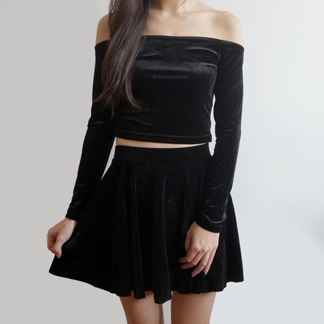 Velvet Off Shoulder Crop Top Black
