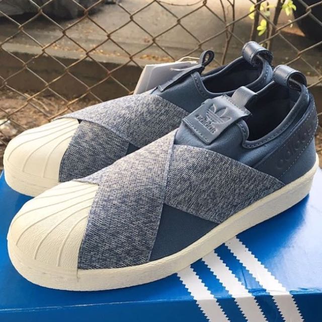 adidas superstar slip on denim blue jeans