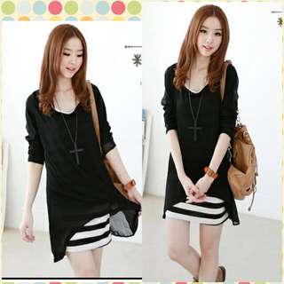 Women Fashion Long Sleeve Chiffon Shirt +Striped Vest Set Wear
