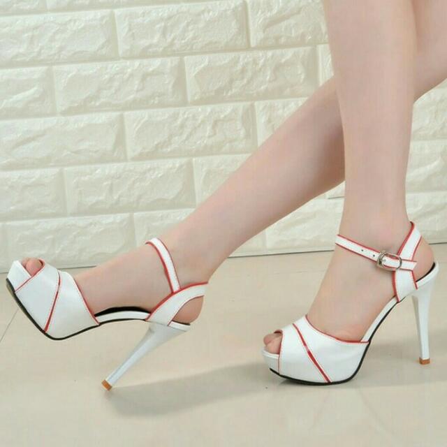 High Heels Wanita Putih List Merah Fs Olshop Fashion Olshop Wanita Di Carousell