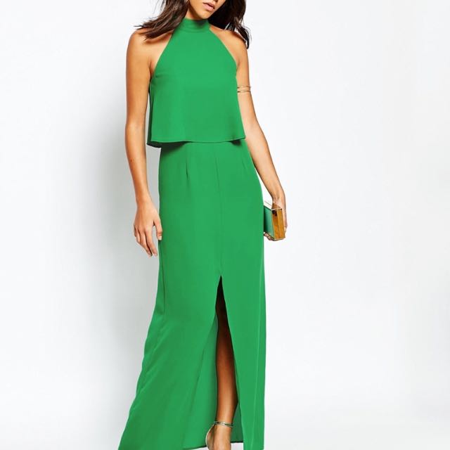 Warehouse Split Front Halter Maxi Dress in Green Women s Fashion