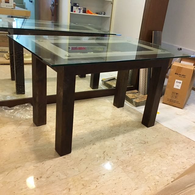Solid Teak Wood Dining Table With Glass, Teak Wood Dining Table With Glass Top