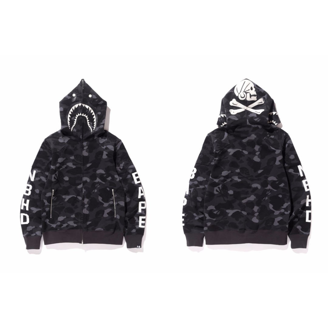 bape nbhd camo shark full zip hoodie