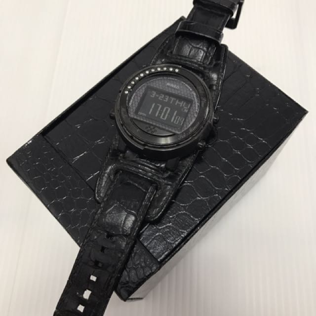 二手美品 SEIKO WIRED h 水鑽 黑色鱷魚錶帶 電波時計腕錶 手錶