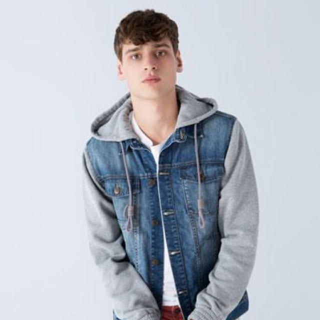 denim jacket with fleece sleeves and hood