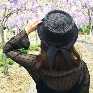 日本品牌黑色小圓帽紳士帽-麂皮蝴蝶結緞帶