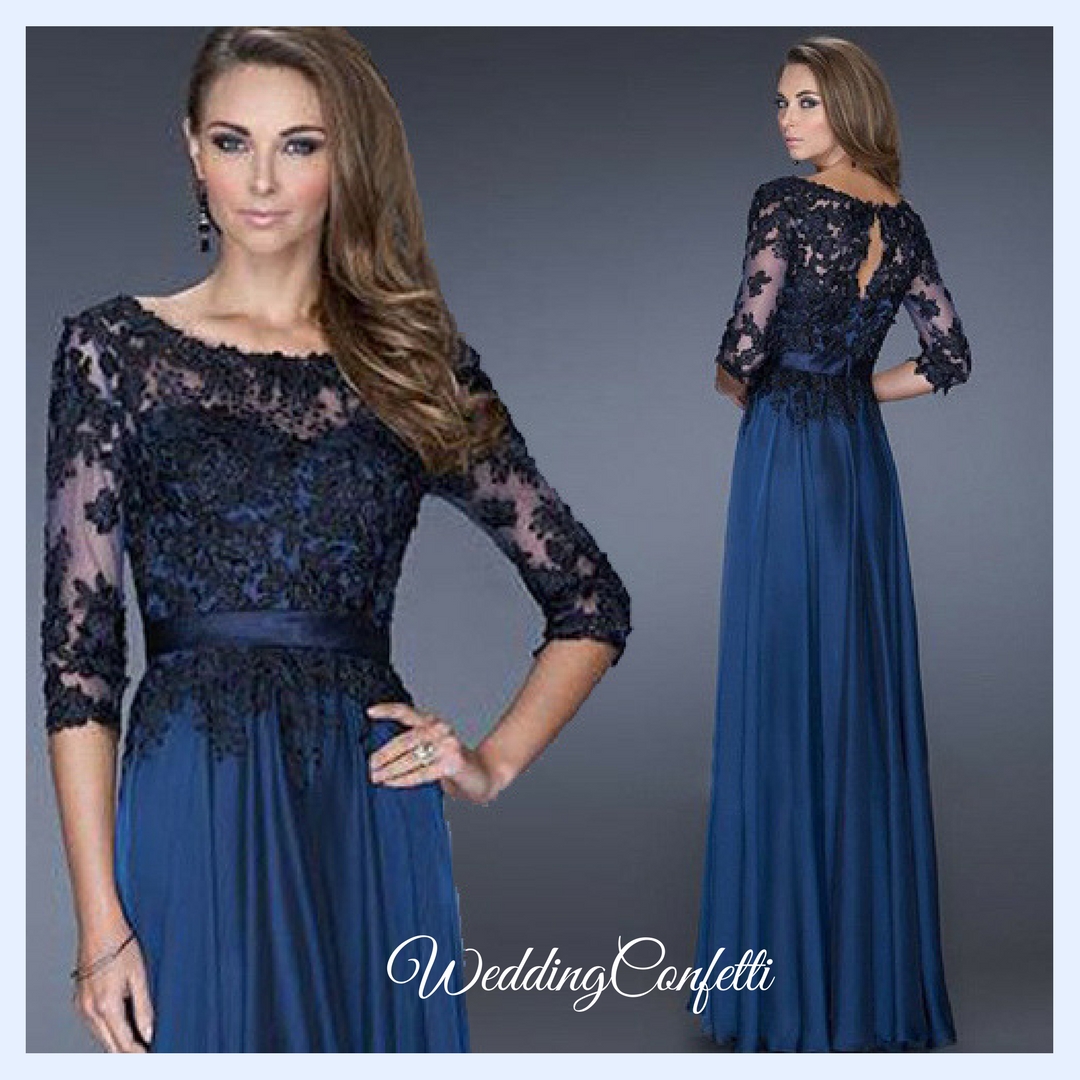 Brand New Marilee Wedding Midnight Blue Long Sleeves Lace Chiffon