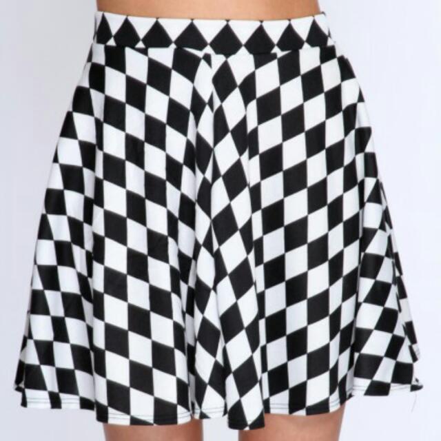 White Black Checker Print Skater Skirt 